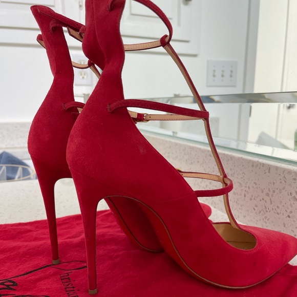 Louboutin Toerless Muse 38 Suede Red Triple Strap - Picture 6 of 9